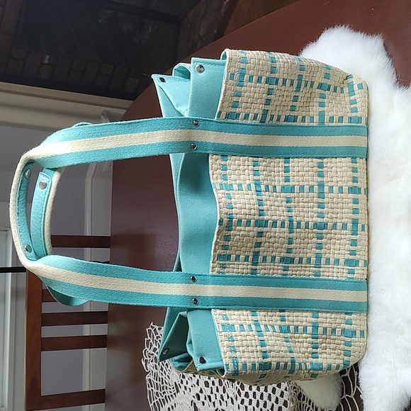 Vintage Tommy Hilfiger Straw & Cloth Handbag Turquoise Blue and Soft Tan - Picture 2 of 16